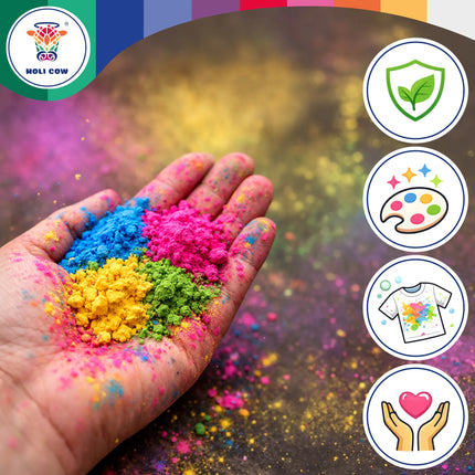 Farvet Holi-pulver, sæt med 6 x 100 g, Holi Cow