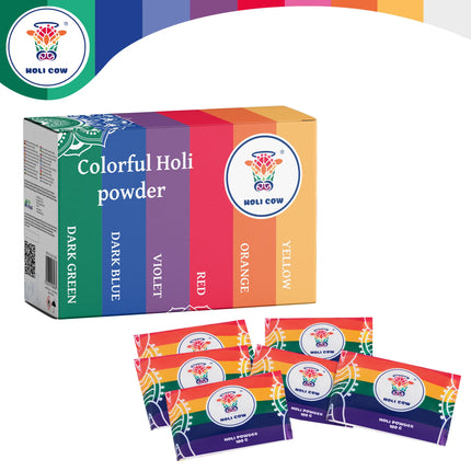 Farvet Holi-pulver, sæt med 6 x 100 g, Holi Cow