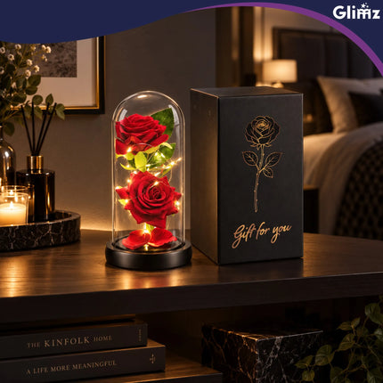 Rose i glas – lysende, 22 cm, Glimz