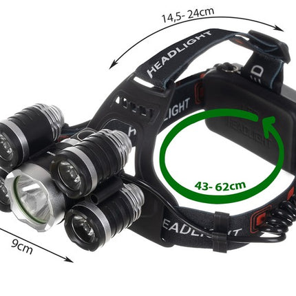 LED Hovedlampe med 5 x Cree T6 – Perfekt til Cykling og Udendørs Aktiviteter