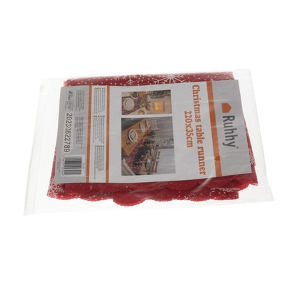 Juleløber i Rød med Hvide Snefnug – 220 x 35 cm til Festlig Borddækning