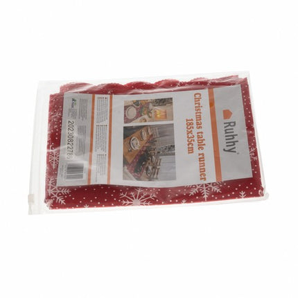 Lang Juleløber i Rød med Hvide Snefnug – 185 x 35 cm