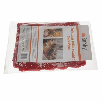 Juledug i Rød med Hvide Snefnug – 150 x 35 cm