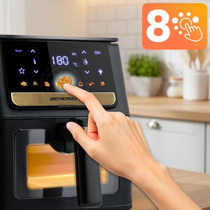 Airfryer 6,5 l 1700 W med touchskærm, 8 programmer og vindue – inkl. 100 stk. bagepapir – sort