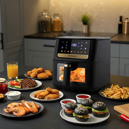 Airfryer 6,5 l 1700 W med touchskærm, 8 programmer og vindue – inkl. 100 stk. bagepapir – sort