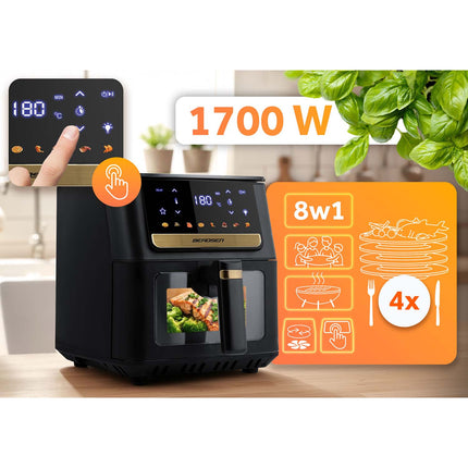 Airfryer 6,5 l 1700 W med touchskærm, 8 programmer og vindue – inkl. 100 stk. bagepapir – sort