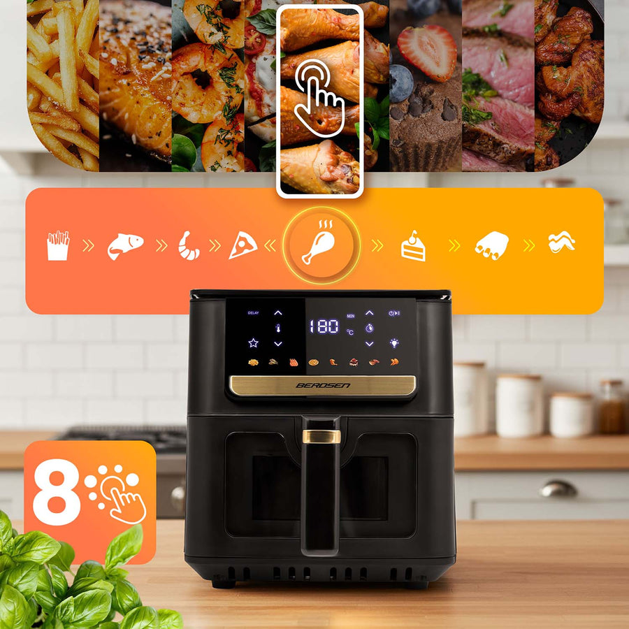 Airfryer 6,5 l 1700 W med touchskærm, 8 programmer og vindue – inkl. 100 stk. bagepapir – sort