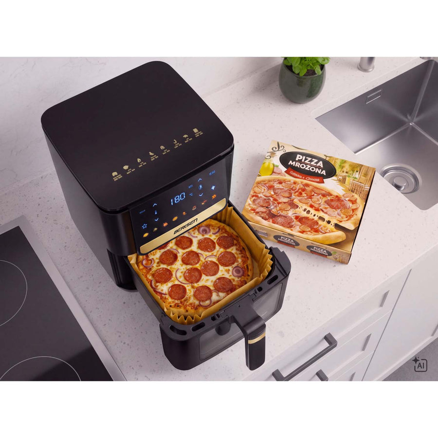 Airfryer 6,5 l 1700 W med touchskærm, 8 programmer og vindue – inkl. 100 stk. bagepapir – sort