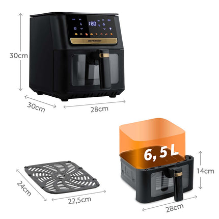 Airfryer 6,5 l 1700 W med touchskærm, 8 programmer og vindue – inkl. 100 stk. bagepapir – sort