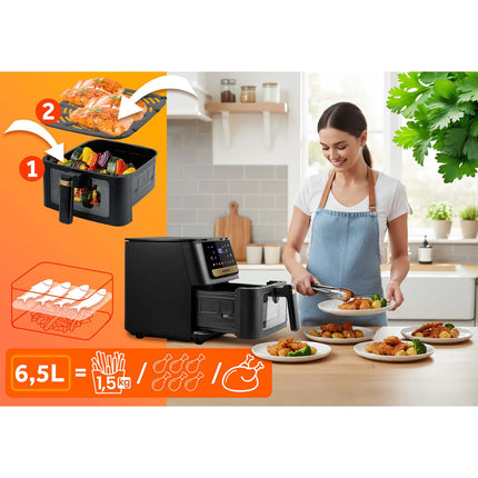 Airfryer 6,5 l 1700 W med touchskærm, 8 programmer og vindue – inkl. 100 stk. bagepapir – sort