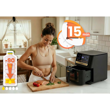 Airfryer 6,5 l 1700 W med touchskærm, 8 programmer og vindue – inkl. 100 stk. bagepapir – sort
