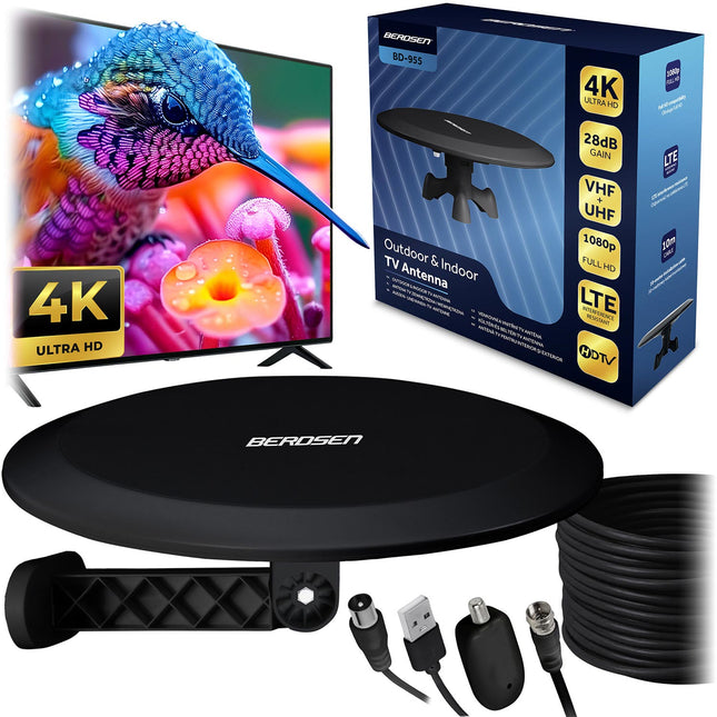 Indendørs-udendørs antenne til ultra HD 4K TV - Aktiv med 80 km rækkevidde og LTE-filter