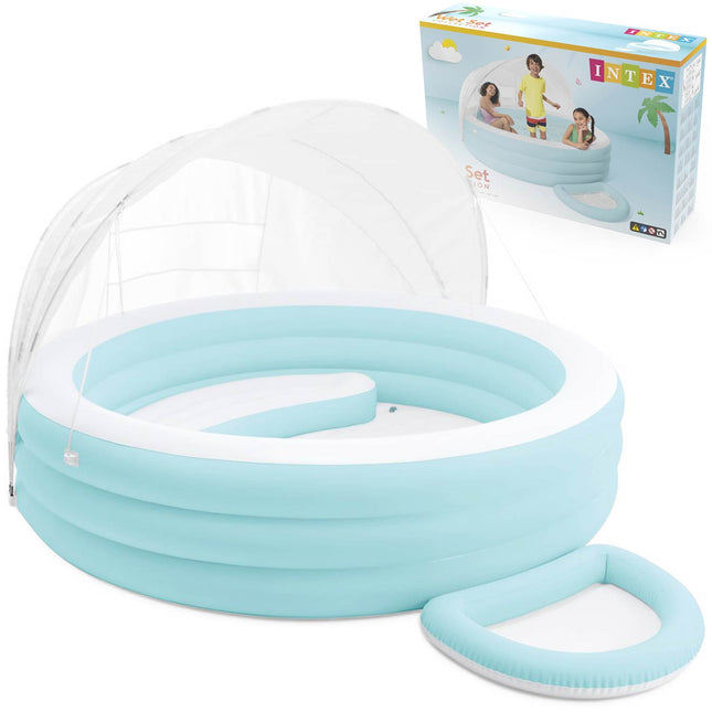 Oppusteligt familiebassin 327 x 221 x 137 cm med aftageligt solskærm UPF 50+ og fodbad – Intex Swim Center