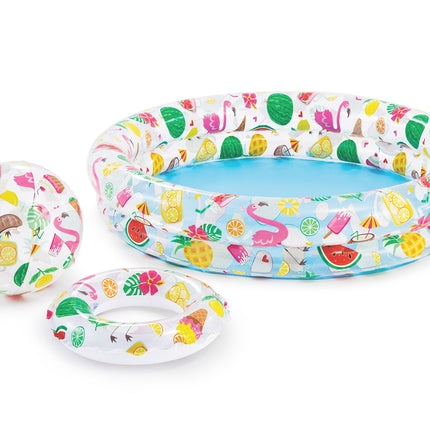 Oppusteligt poolring og boldsæt til børn - 122 x 25 cm med flamingo-mønster