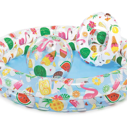 Oppusteligt poolring og boldsæt til børn - 122 x 25 cm med flamingo-mønster