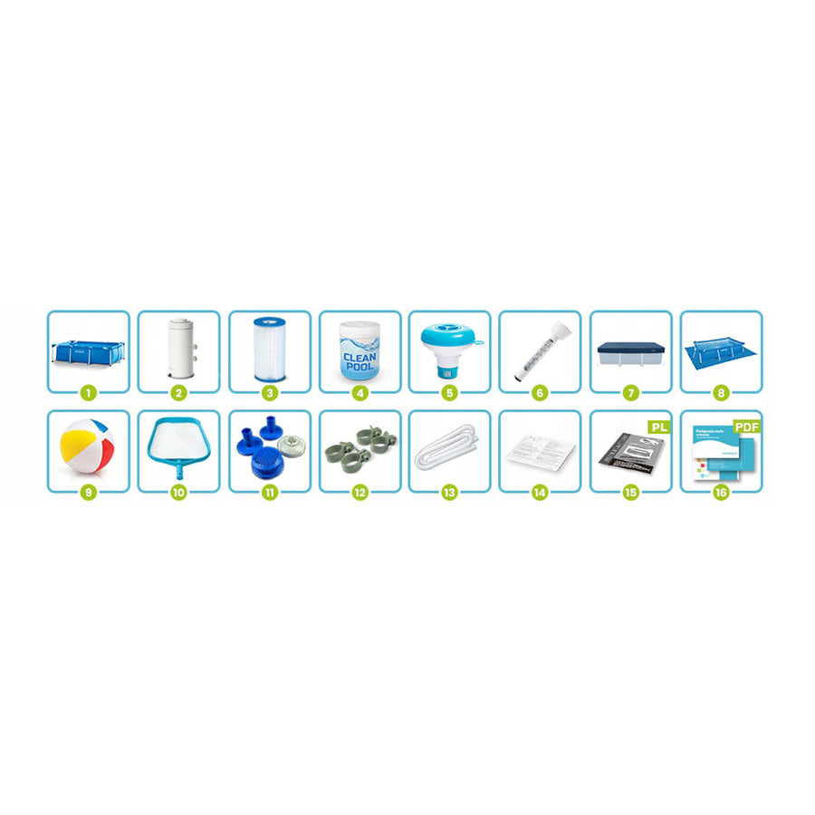 Rektangulært rammebassin 260 x 160 x 65 cm med filterpumpe, poolkemi og afdækning – Intex