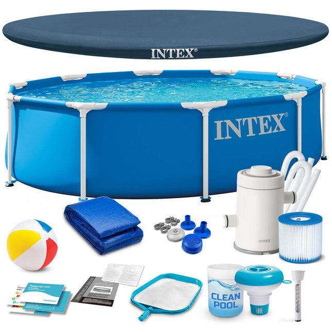 Rammebassin 305 x 76 cm med filterpumpe, poolkemi, bundlag og afdækning – Intex
