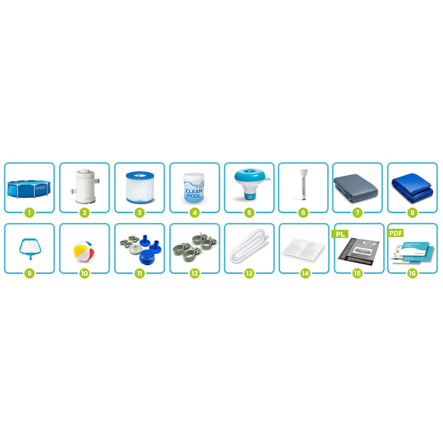 Rammebassin 305 x 76 cm med filterpumpe, poolkemi, bundlag og afdækning – Intex