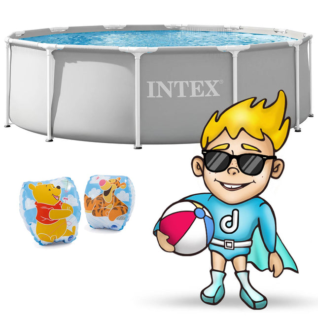Rammebassin 366 x 99 cm i grå, familiesæt med filterpumpe, stige, poolkemi og svømmevinger – Intex