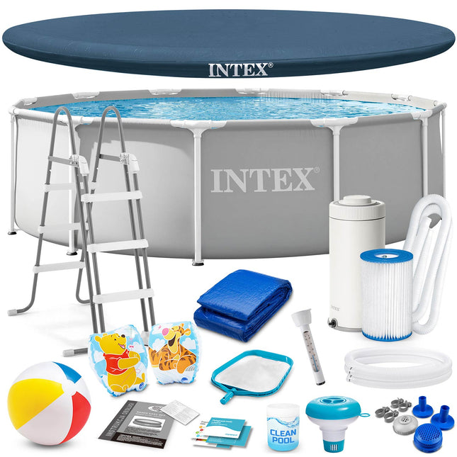 Rammebassin 366 x 99 cm i grå, familiesæt med filterpumpe, stige, poolkemi og svømmevinger – Intex