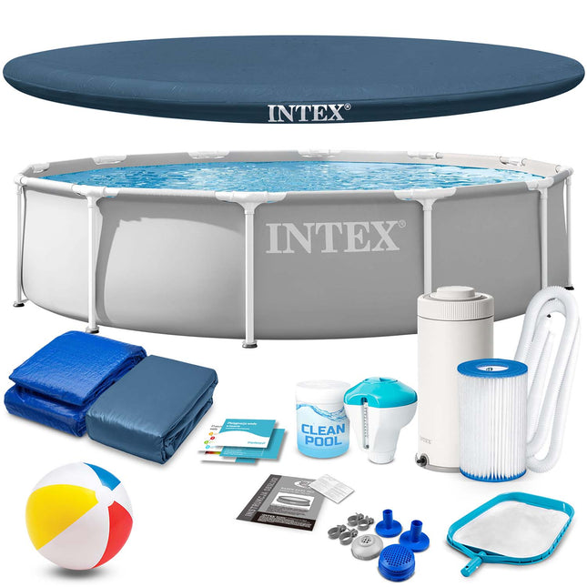 Rammebassin 366 x 76 cm i grå med filterpumpe, overtræk og tilbehør – 16-i-1-sæt – Intex