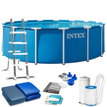 Rammebassin 457 x 122 cm med filterpumpe, stige, dæksel og måtte – 12-i-1 sæt, model 2026 – Intex