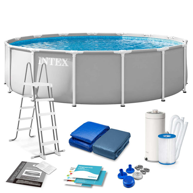 Rammebassin 457 x 107 cm i grå med filterpumpe, metalstige, bundlag og afdækning – Intex
