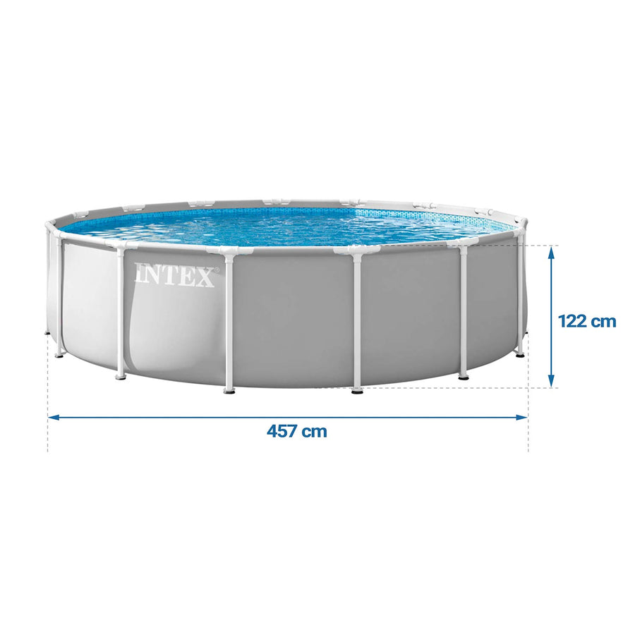 Rammebassin 457 x 107 cm i grå med filterpumpe, metalstige, bundlag og afdækning – Intex