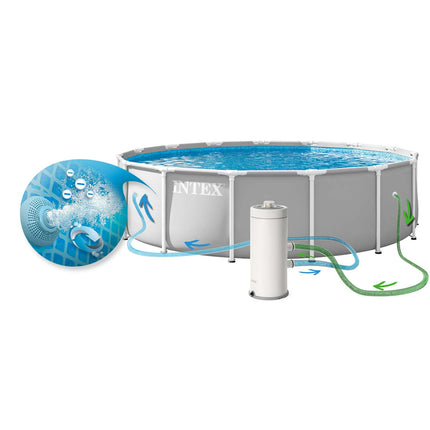 Rammebassin 457 x 107 cm i grå med filterpumpe, metalstige, bundlag og afdækning – Intex