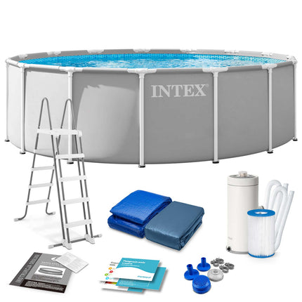 Rammebassin 457 x 122 cm med filterpumpe, metalstige, bundlag og afdækning – Intex