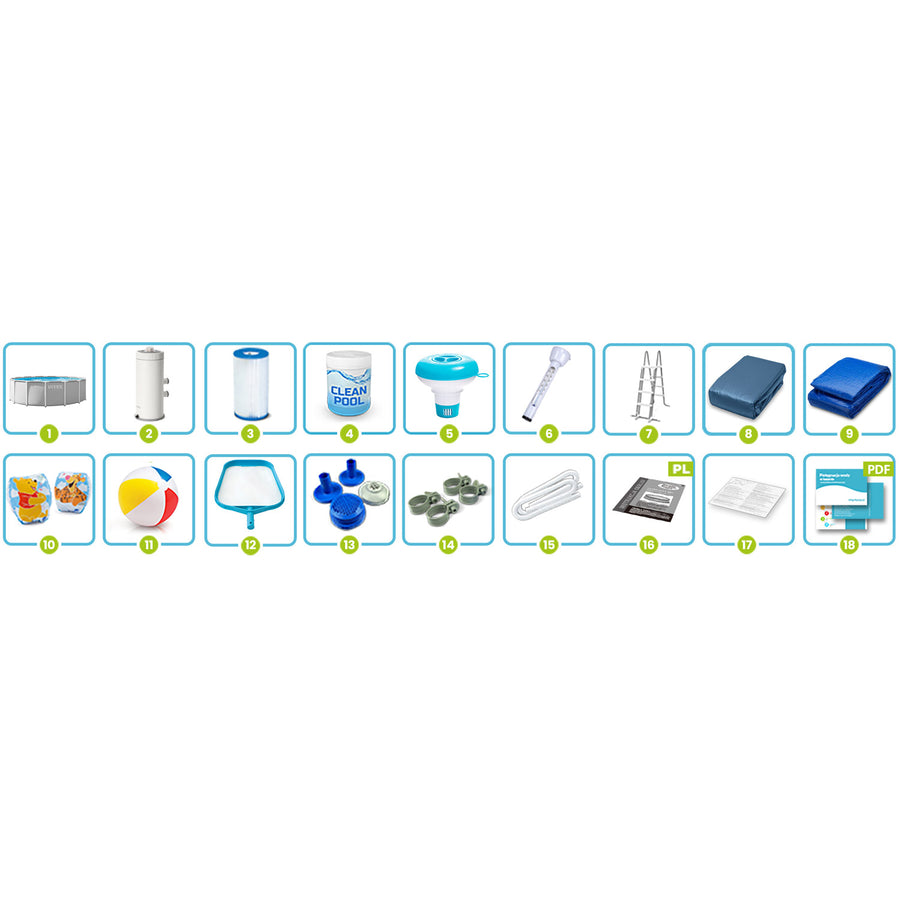 Rammebassin 457 x 122 cm familiesæt med filterpumpe, stige, poolkemi og svømmevinger – Intex