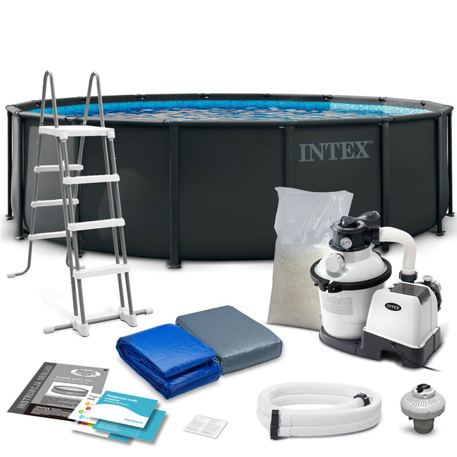 Rammebassin Ultra XTR 488 x 122 cm med sandfilterpumpe, filtersand, metalstige og afdækning – Intex