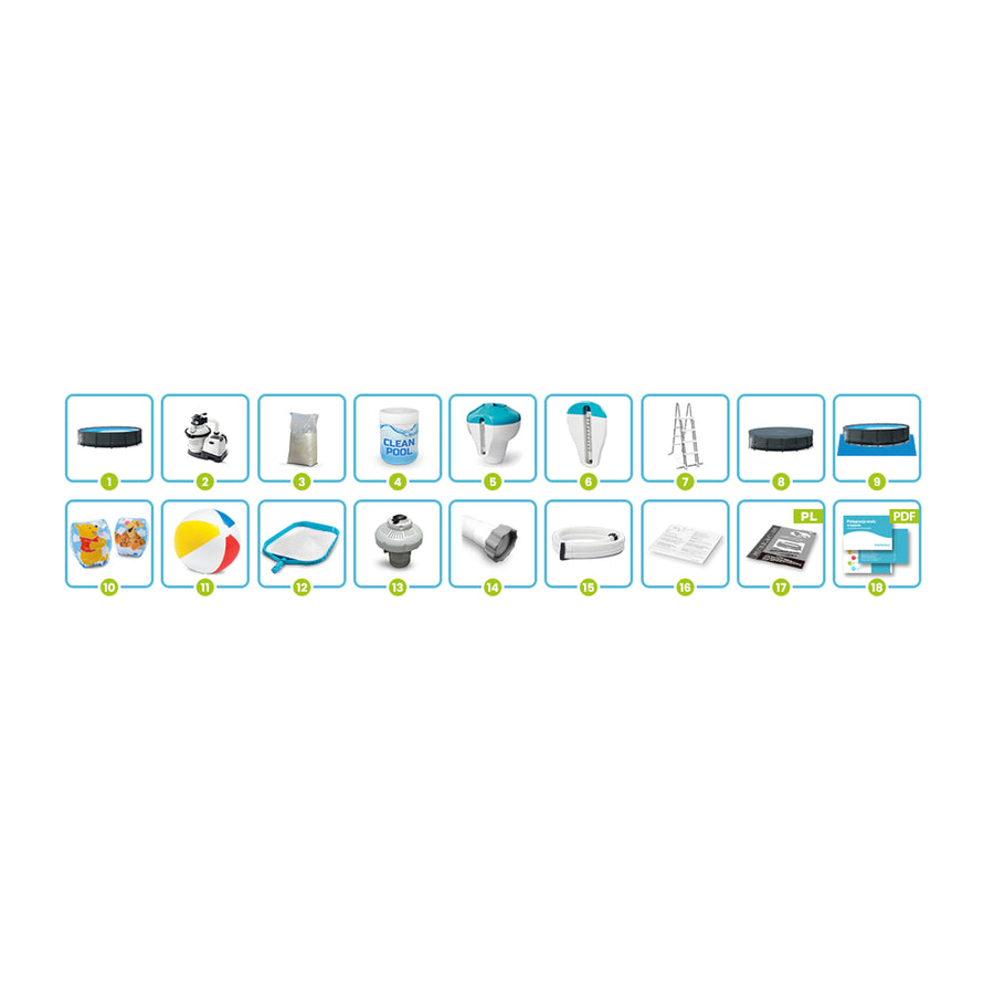 Rammebassin 488 x 122 cm familiesæt med sandfilterpumpe, stige, poolkemi og svømmevinger – Intex