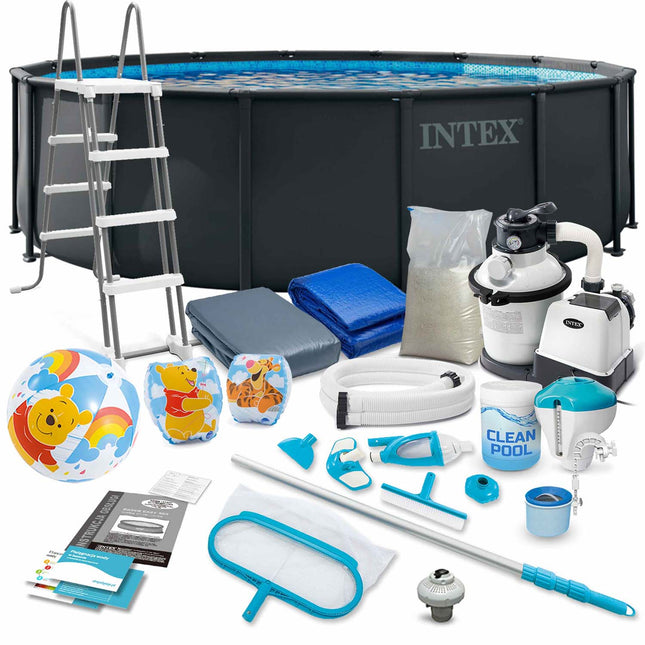 Rammebassin 488 x 122 cm megasæt med sandfilterpumpe, poolkemi, poolstøvsuger og rengøringssæt – Intex