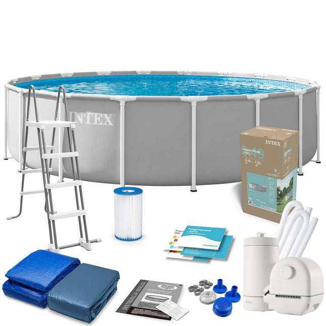 Rammebassin 549 x 122 cm med filterpumpe, metalstige, bundlag og afdækning – Intex