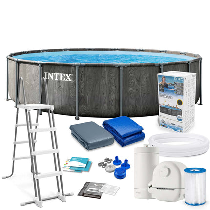 Rund rammebassin 549 x 122 cm med filterpumpe, metalstige, bundlag og afdækning – Intex