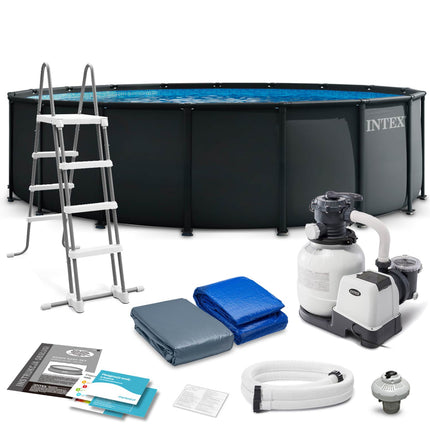 Rammebassin 549 x 132 cm med sandfilterpumpe, metalstige, bundlag og afdækning – Intex