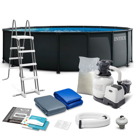 Rammebassin 549 x 132 cm med sandfilterpumpe, filtersand, metalstige og afdækning – Intex