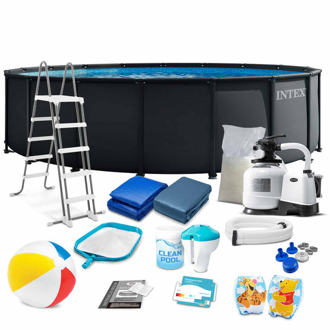 Rammebassin 549 x 132 cm i grå, familiesæt med sandfilterpumpe, poolkemi og svømmevinger – Intex