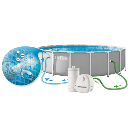 Rammebassin 549 x 122 cm med filterpumpe, stige, overtræk, rensesæt og poolstøvsuger – 21-i-1-sæt, grå – Intex
