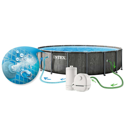 Rammebassin 549 x 122 cm med filterpumpe, stige, overtræk og tilbehør – 18-i-1-sæt, grafit trælook – Intex