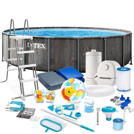 Rammebassin 549 x 122 cm med filterpumpe, stige, overtræk, rensesæt og poolstøvsuger – 21-i-1-sæt, grafit trælook – Intex