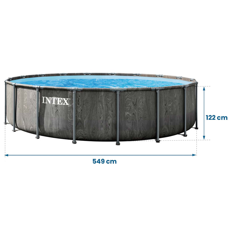 Rammebassin 549 x 122 cm med filterpumpe, stige, overtræk, rensesæt og poolstøvsuger – 21-i-1-sæt, grafit trælook – Intex