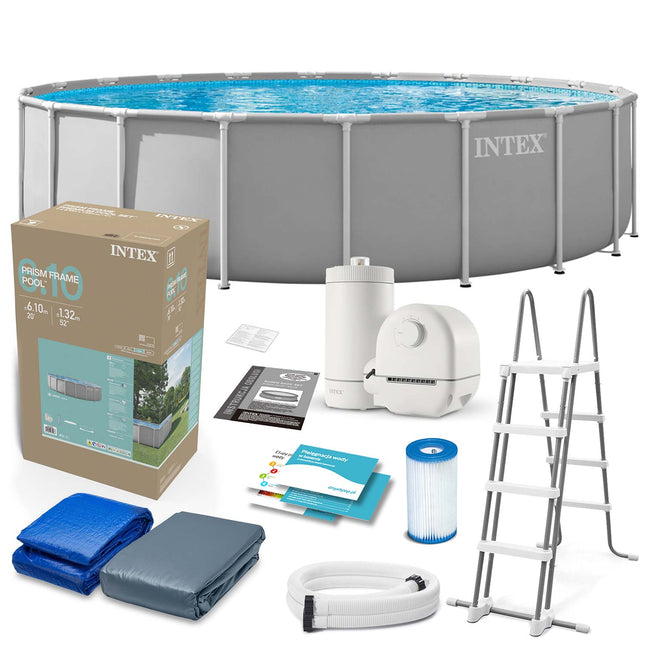 Rammebassin 610 x 132 cm med filterpumpe, metalstige, bundlag og afdækning – Intex