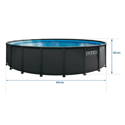 Rammebassin Ultra XTR 610 x 122 cm med sandfilterpumpe, metalstige, bundlag og afdækning – Intex