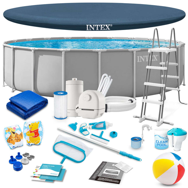 Rammebassin 610 x 132 cm med filterpumpe, stige, overtræk, rensesæt og poolstøvsuger – 21-i-1-sæt – Intex