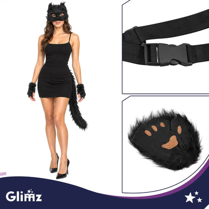 Kattekostume i sort med maske, hale og poter