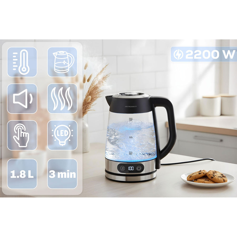 Elkedel i glas 1,8 l, op til 2200 W med temperaturregulering, berøringsdisplay og LED-lys