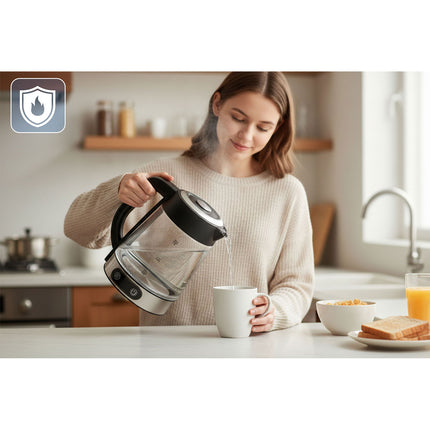 Elkedel i glas 1,8 l, op til 2200 W med temperaturregulering, berøringsdisplay og LED-lys