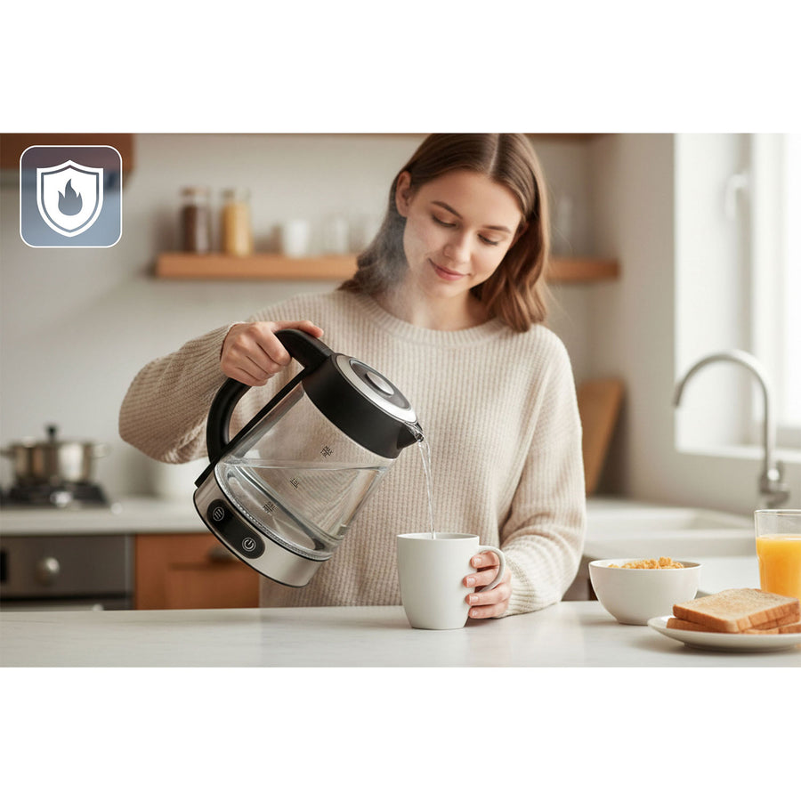 Elkedel i glas 1,8 l, op til 2200 W med temperaturregulering, berøringsdisplay og LED-lys